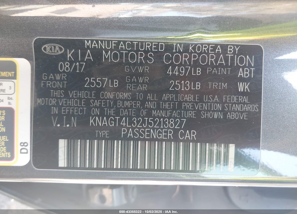2018 KIA OPTIMA LX VIN: KNAGT4L32J5213827
