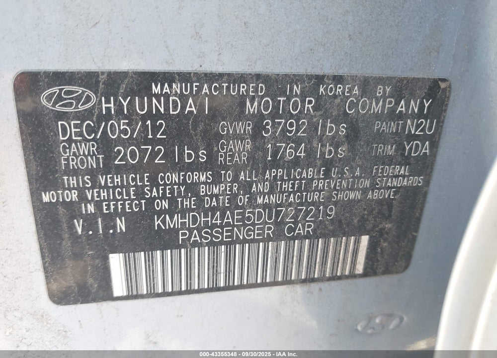 2013 HYUNDAI ELANTRA VIN: KMHDH4AE5DU727219