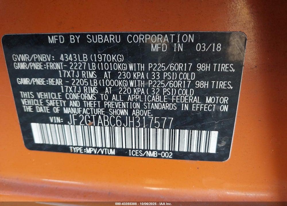 2018 SUBARU CROSSTREK 2.0I PREMIUM VIN: JF2GTABC6JH317577