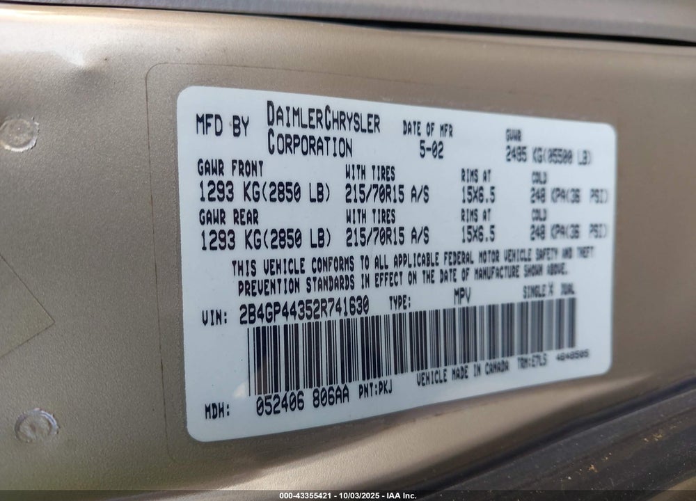 2002 DODGE GRAND CARAVAN SPORT VIN: 2B4GP44352R741630