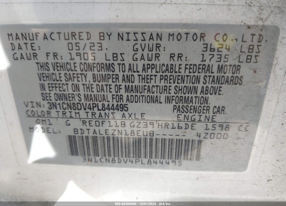 2023 NISSAN VERSA 1.6 S XTRONIC CVT VIN: 3N1CN8DV4PL844495