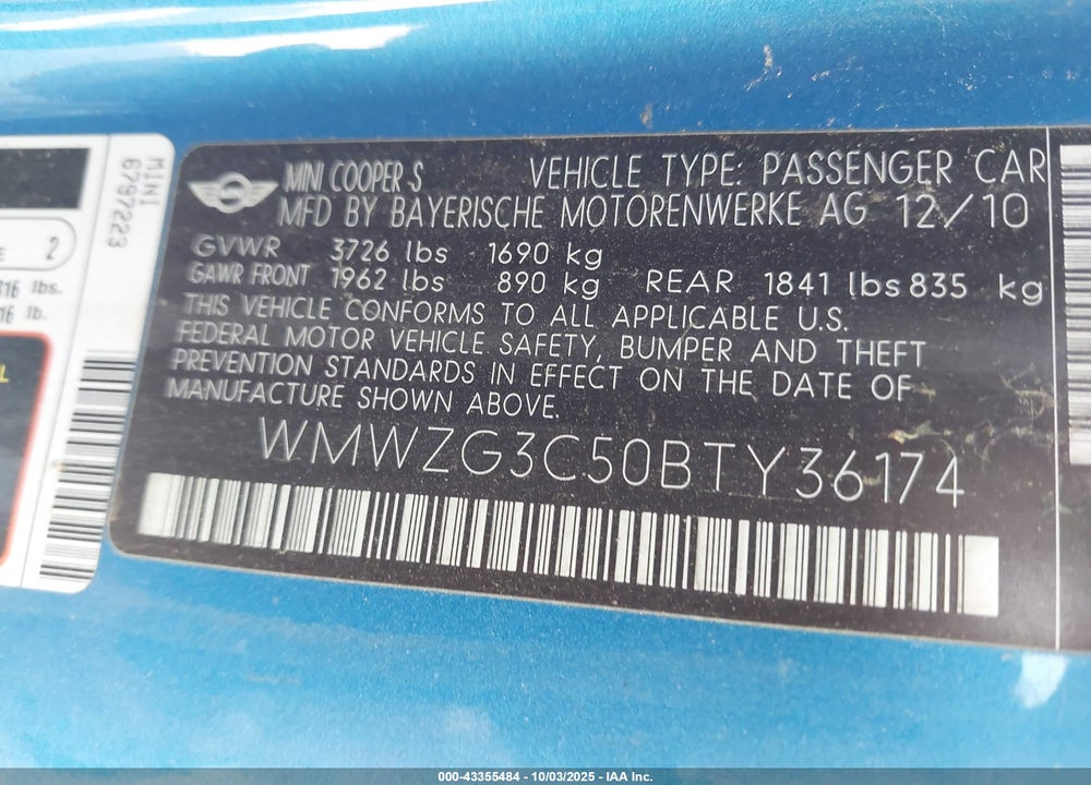 2011 MINI COOPER VIN: WMWZG3C50BTY36174