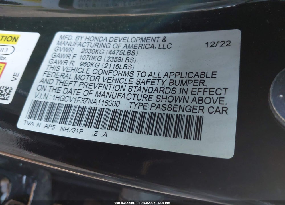 2022 HONDA ACCORD SPORT VIN: 1HGCV1F37NA116000
