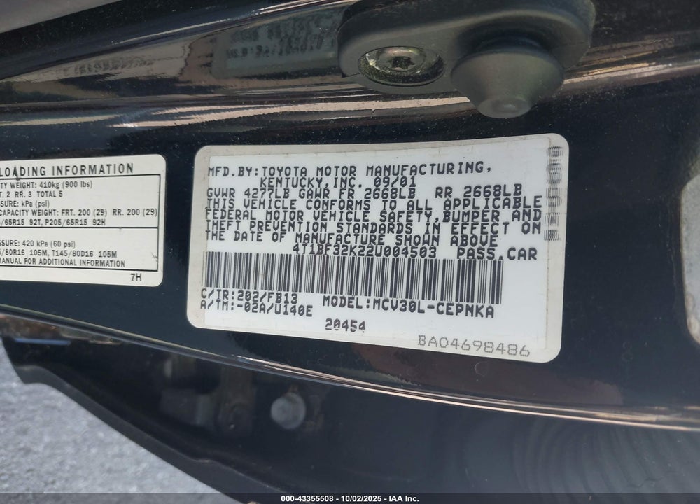 2002 TOYOTA CAMRY VIN: 4T1BF32K22U004503