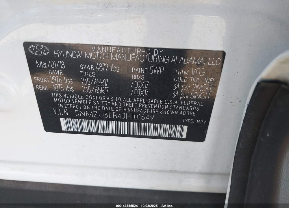 2018 HYUNDAI SANTA FE SPORT 2.4L VIN: 5NMZU3LB4JH101649