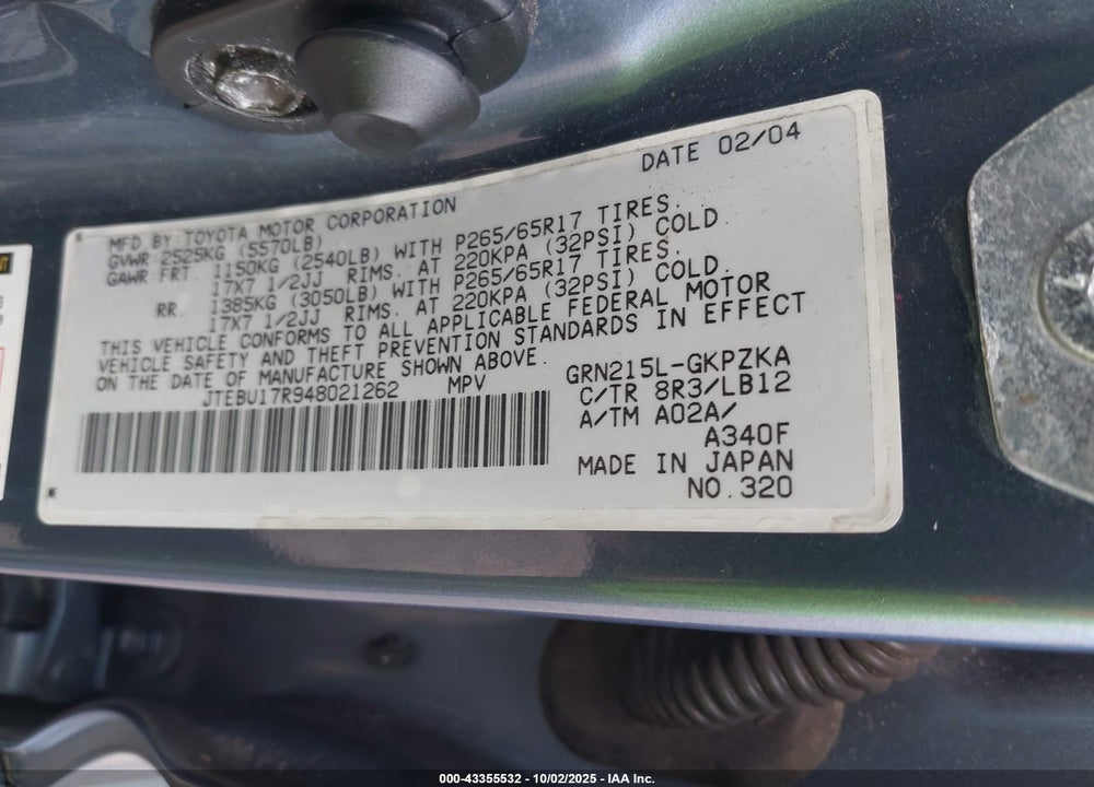 2004 TOYOTA 4RUNNER VIN: JTEBU17R948021262