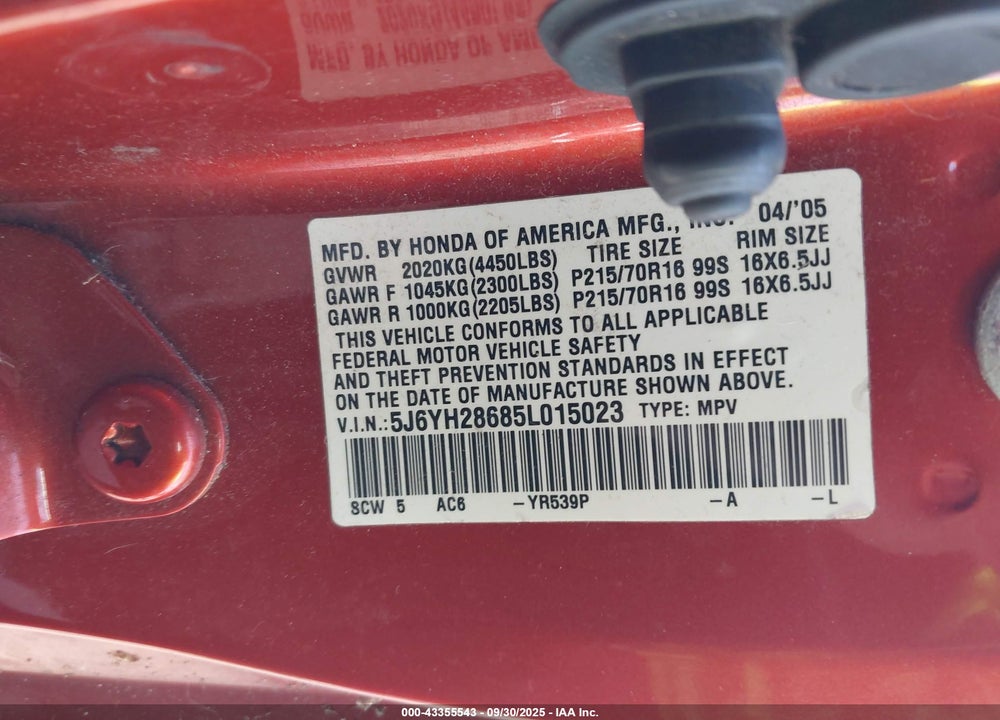 2005 HONDA ELEMENT EX VIN: 5J6YH28685L015023
