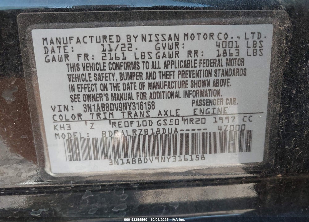 2022 NISSAN SENTRA SR XTRONIC CVT VIN: 3N1AB8DV9NY316158
