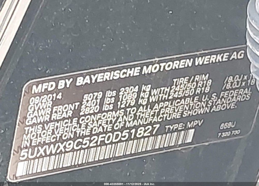 2015 BMW X3 XDRIVE28I VIN: 5UXWX9C52F0D51827