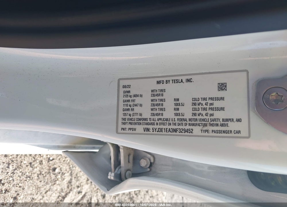 2022 TESLA MODEL 3 VIN: 5YJ3E1EA3NF329452