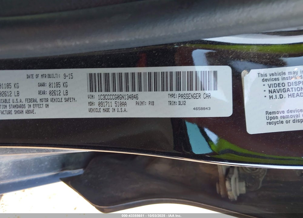 2016 CHRYSLER 200 VIN: 1C3CCCCG0GN134846