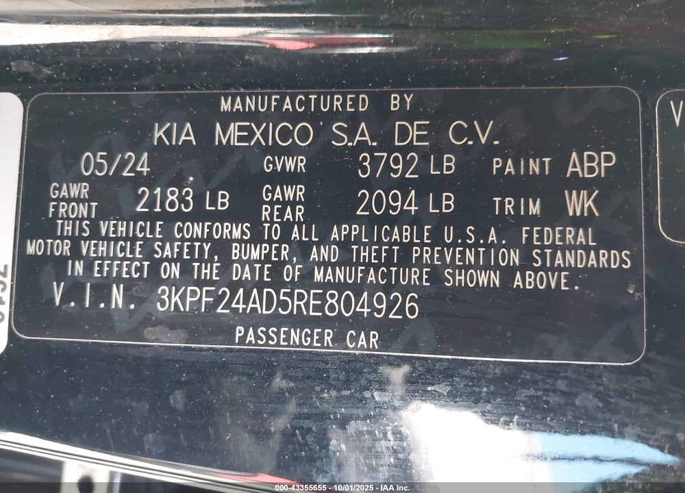 2024 KIA FORTE LXS VIN: 3KPF24AD5RE804926
