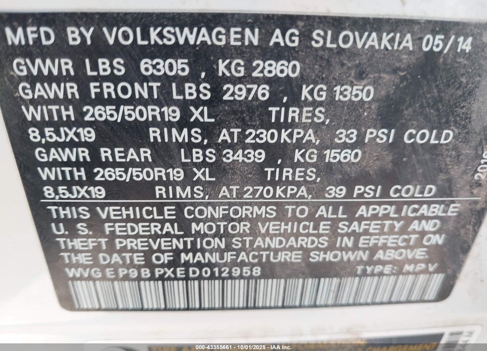 2014 VOLKSWAGEN TOUAREG TDI LUX VIN: WVGEP9BPXED012958
