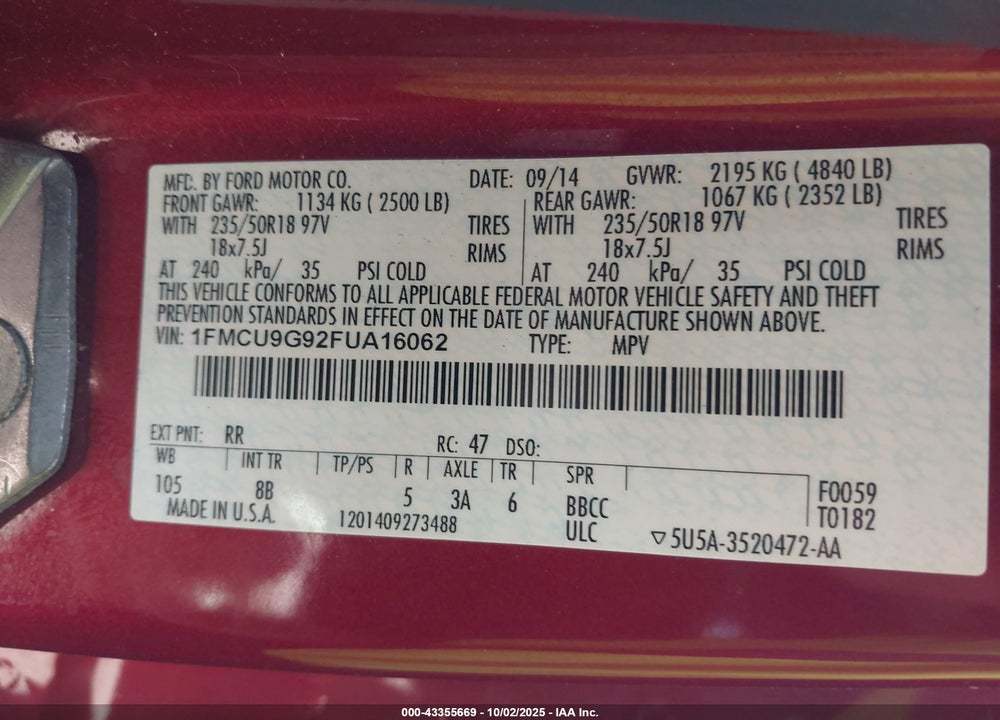 2015 FORD ESCAPE VIN: 1FMCU9G92FUA16062