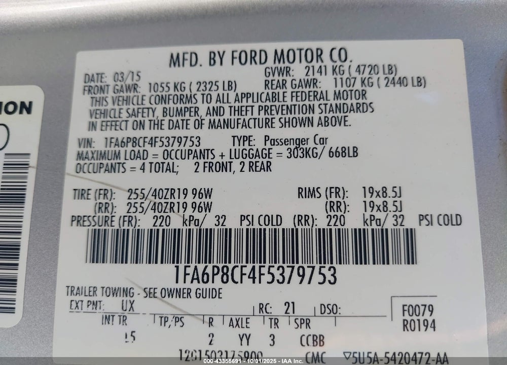 2015 FORD MUSTANG VIN: 1FA6P8CF4F5379753