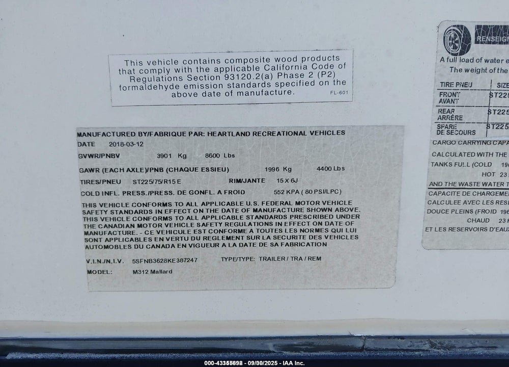 2019 HEARTLAND MALLARD VIN: 5SFNB3628KE387247