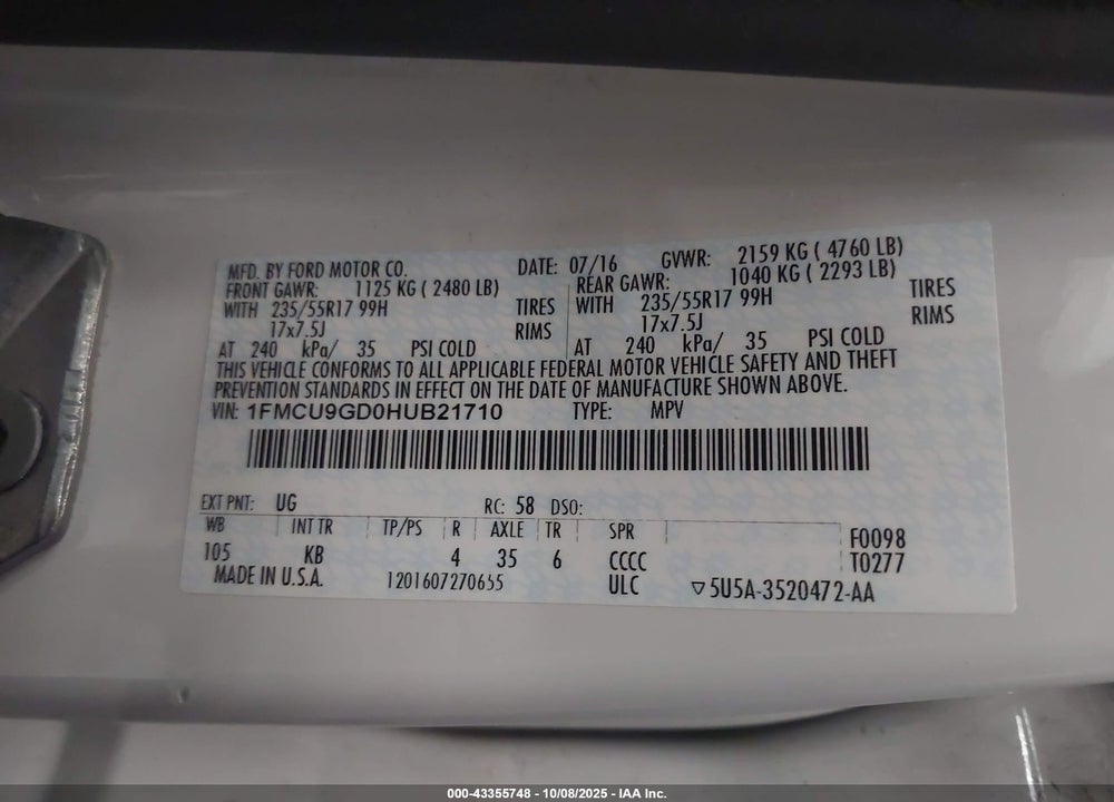 2017 FORD ESCAPE VIN: 1FMCU9GD0HUB21710