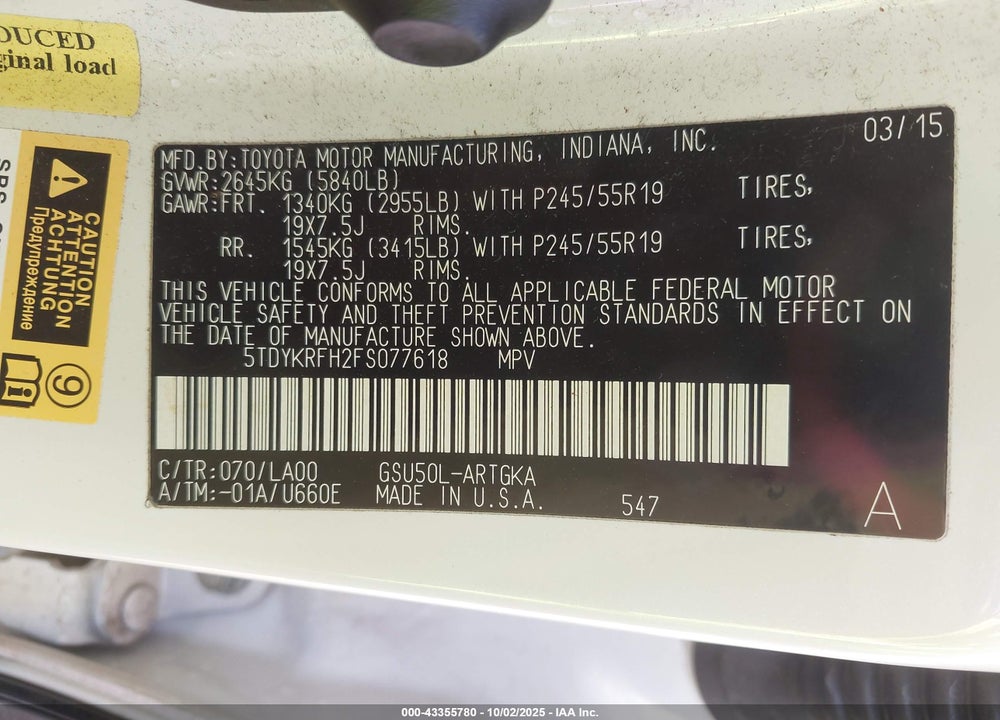2015 TOYOTA HIGHLANDER VIN: 5TDYKRFH2FS077618