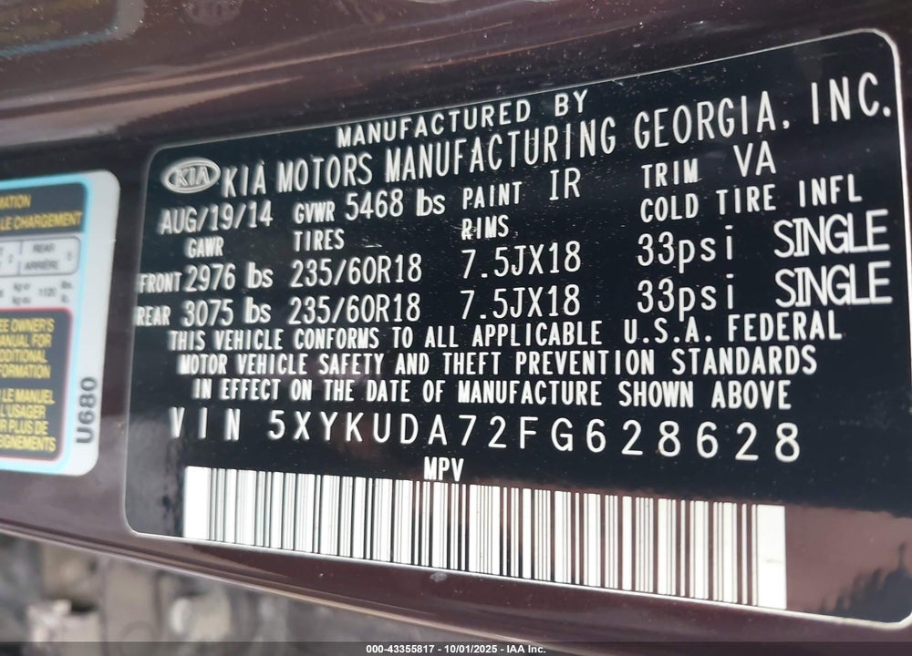 2015 KIA SORENTO VIN: 5XYKUDA72FG628628
