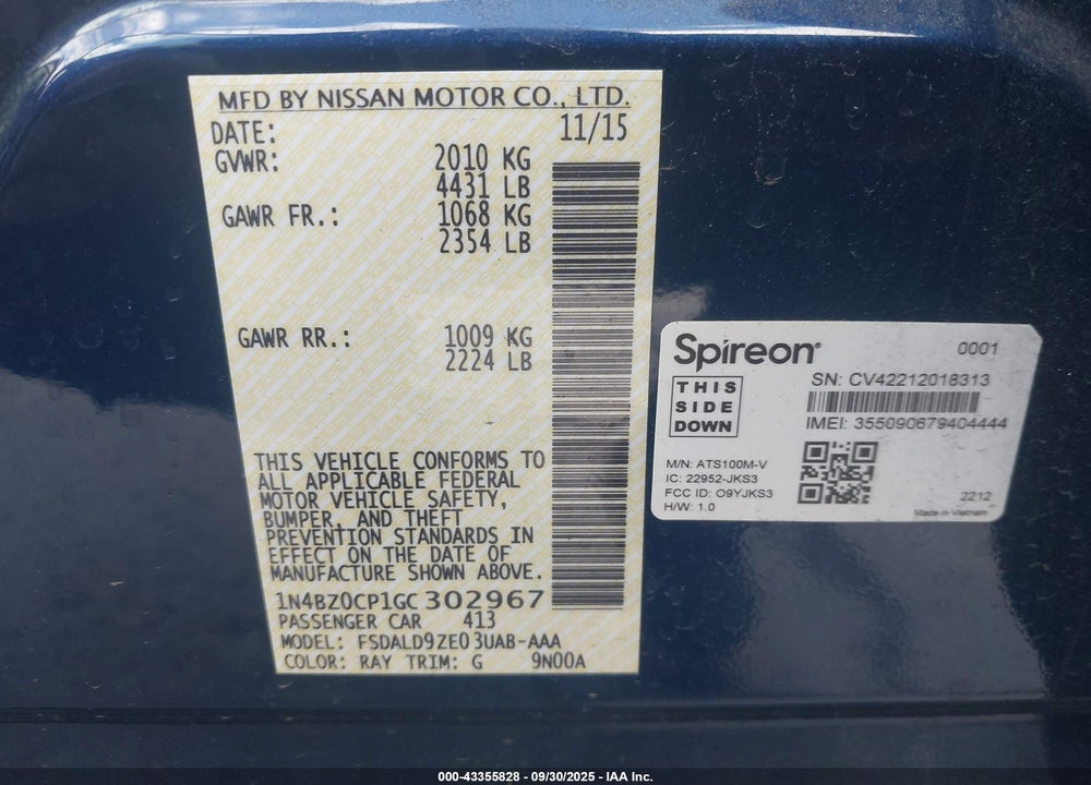 2016 NISSAN LEAF VIN: 1N4BZ0CP1GC302967
