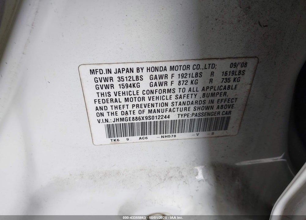 2009 HONDA FIT VIN: JHMGE886X9S012244