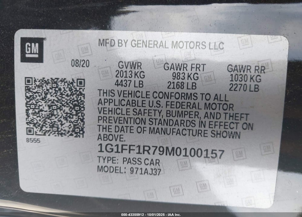 2021 CHEVROLET CAMARO VIN: 1G1FF1R79M0100157