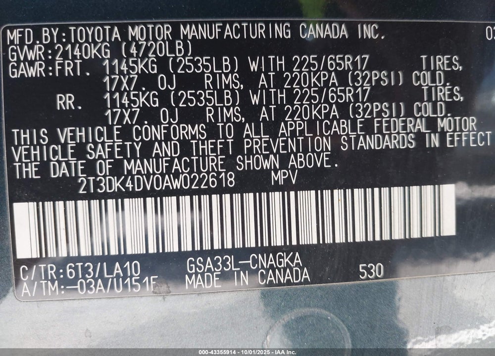 2010 TOYOTA RAV4 VIN: 2T3DK4DV0AW022618
