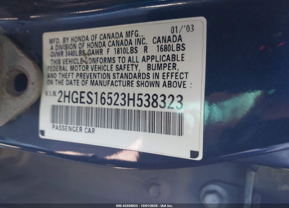 2003 HONDA CIVIC LX VIN: 2HGES16523H538323
