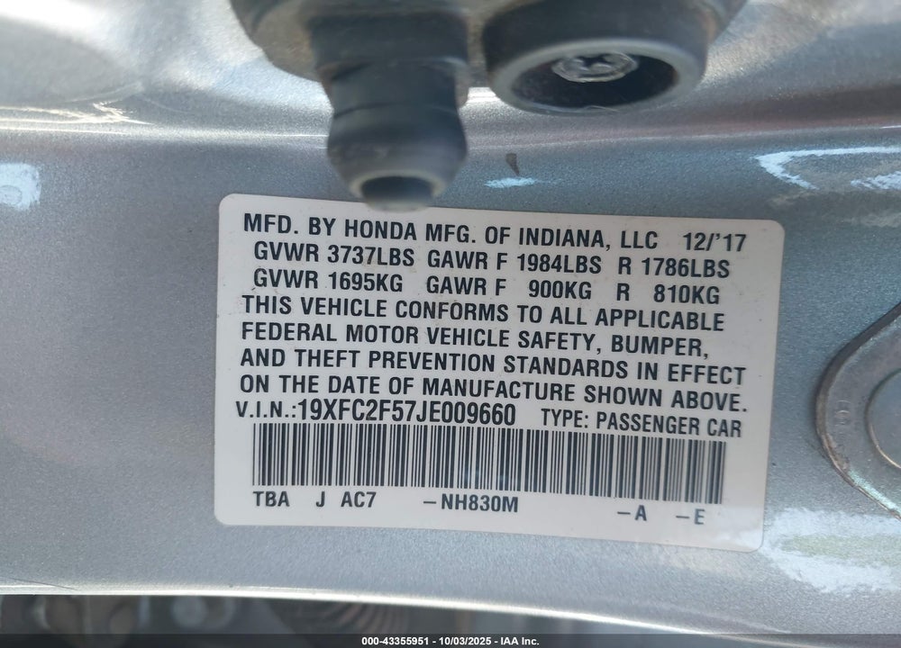 2018 HONDA CIVIC VIN: 19XFC2F57JE009660