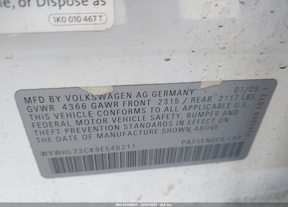 2009 VOLKSWAGEN CC VIN: WVWHL73CX9E548211