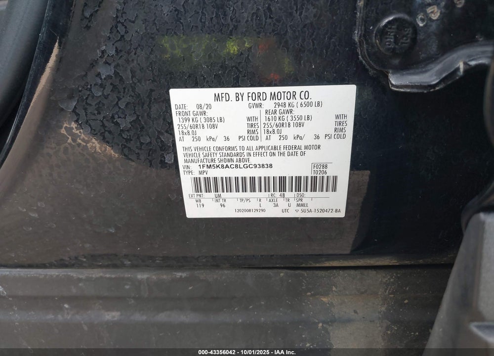 2020 FORD POLICE INTERCEPTOR UTILITY VIN: 1FM5K8AC8LGC93838