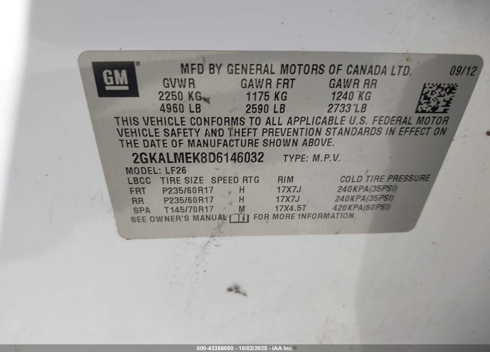 2013 GMC TERRAIN VIN: 2GKALMEK8D6146032