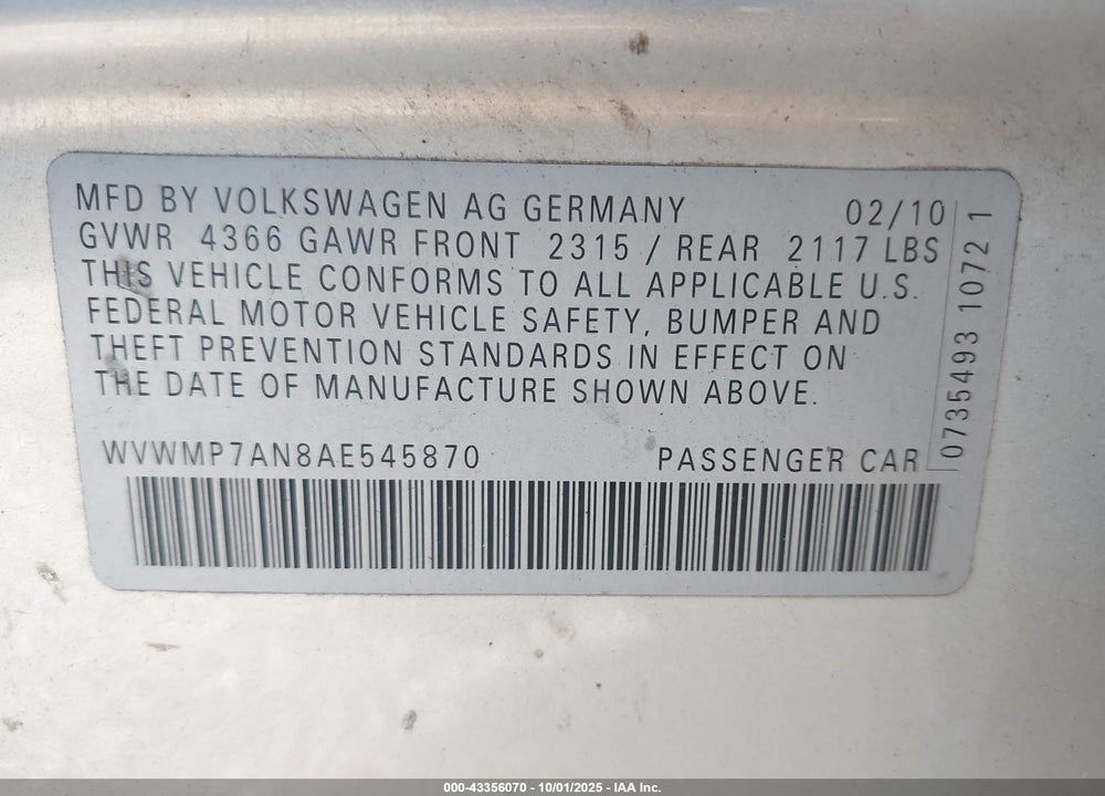 2010 VOLKSWAGEN CC VIN: WVWMP7AN8AE545870