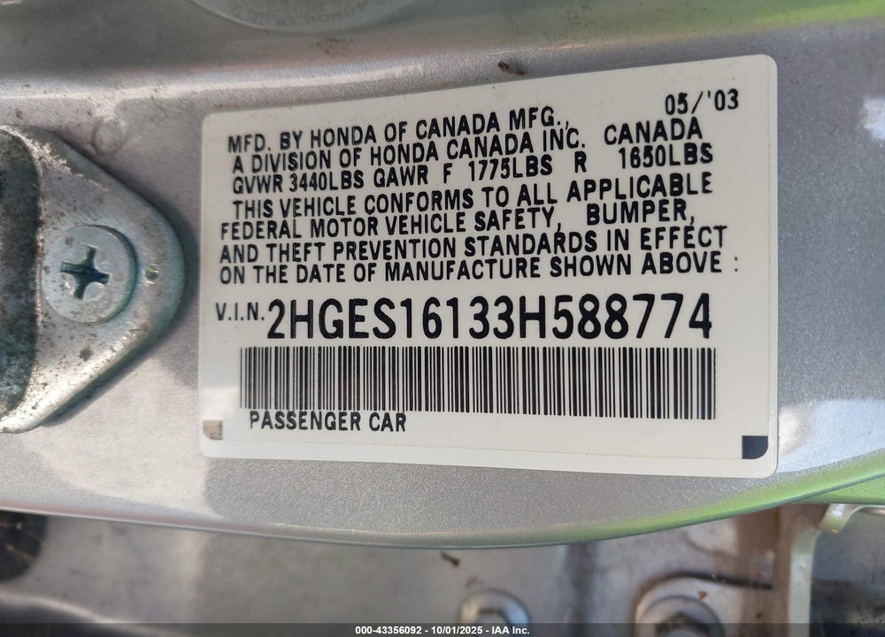 2003 HONDA CIVIC DX VIN: 2HGES16133H588774