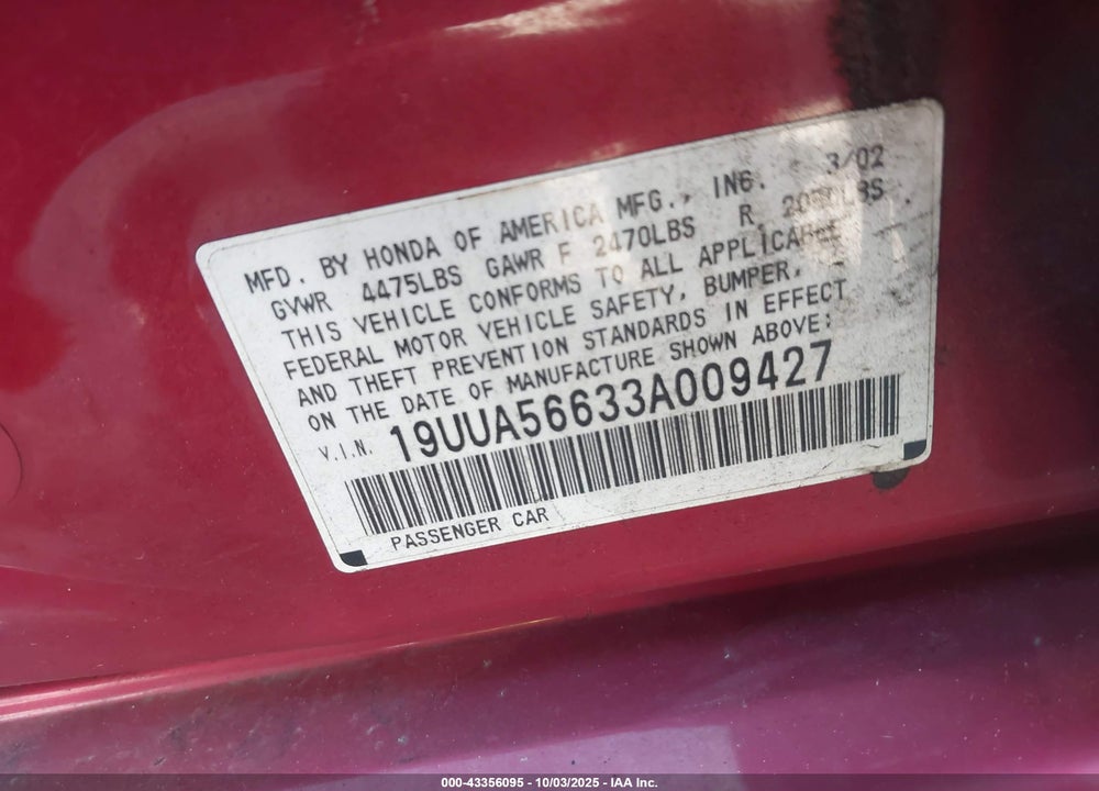 2003 ACURA TL VIN: 19UUA56633A009427