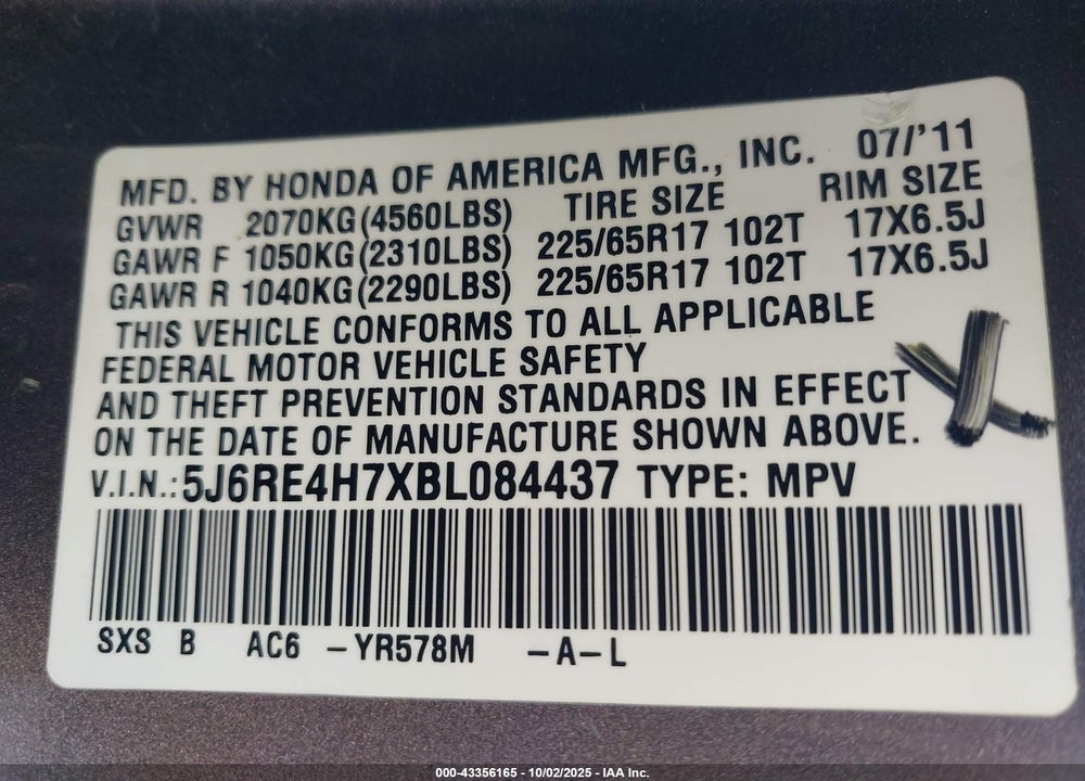 2011 HONDA CR-V EX-L VIN: 5J6RE4H7XBL084437