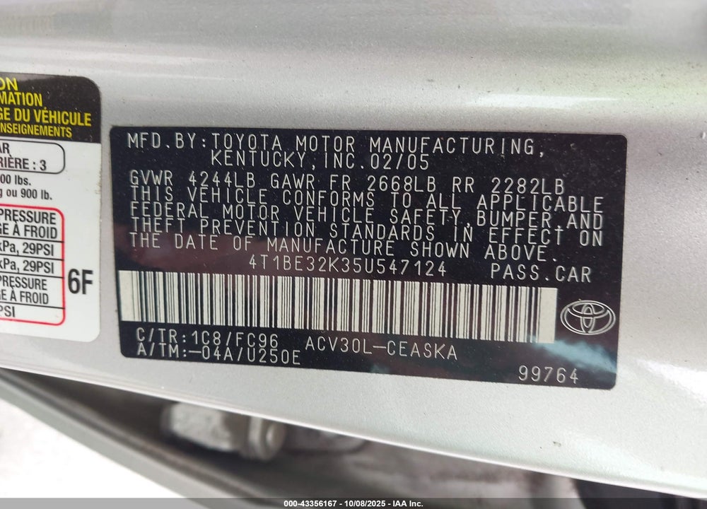 2005 TOYOTA CAMRY LE/XLE/SE VIN: 4T1BE32K35U547124
