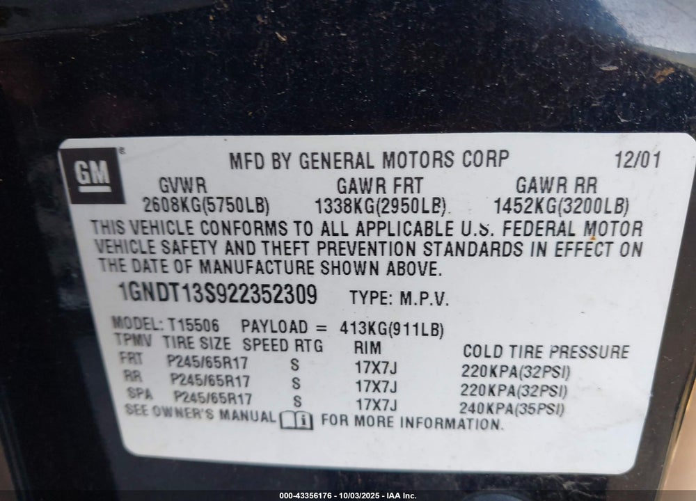 2002 CHEVROLET TRAILBLAZER LTZ VIN: 1GNDT13S922352309