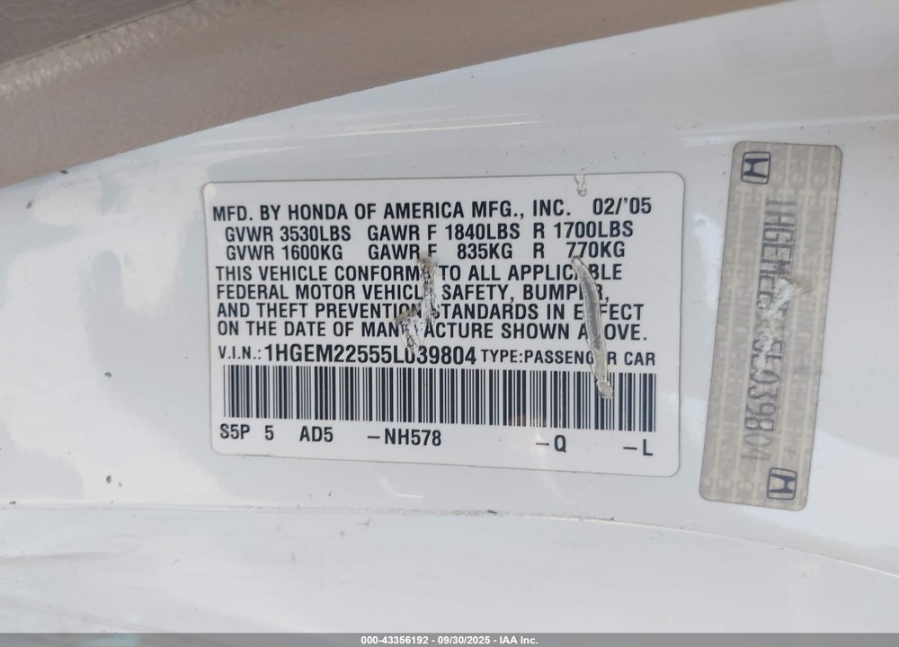 2005 HONDA CIVIC LX VIN: 1HGEM22555L039804