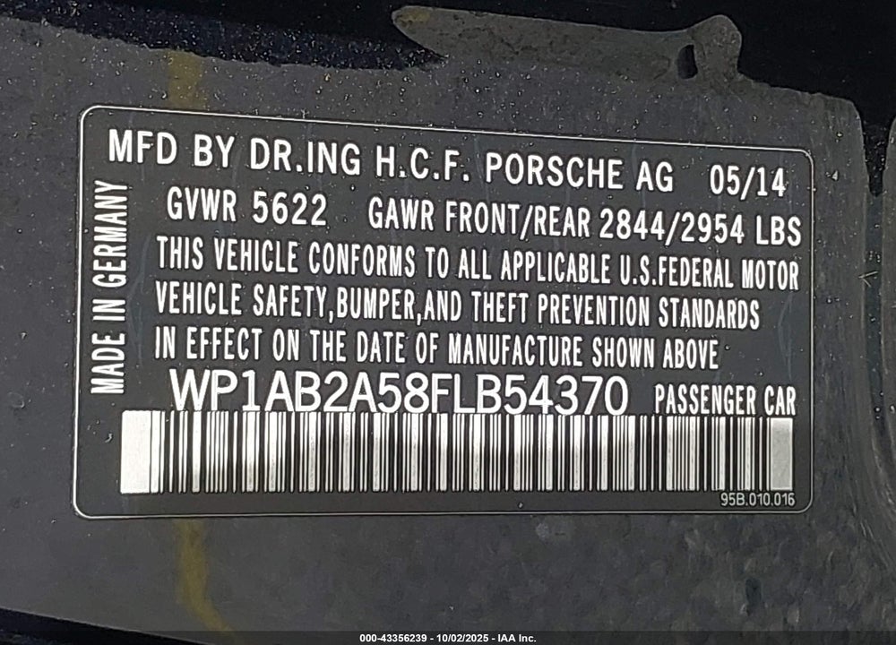 2015 PORSCHE MACAN VIN: WP1AB2A58FLB54370
