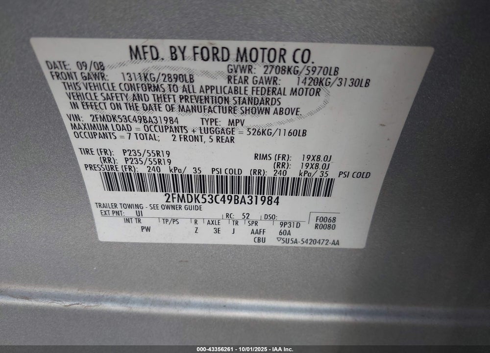 2009 FORD FLEX VIN: 2FMDK53C49BA31984
