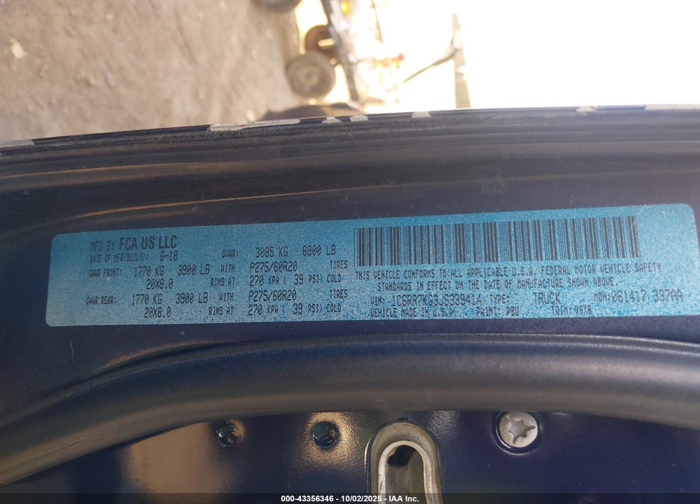 2018 RAM 1500 VIN: 1C6RR7KG3JS339414