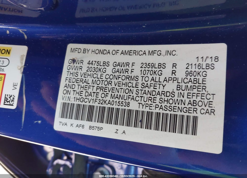 2019 HONDA ACCORD SPORT VIN: 1HGCV1F32KA015538