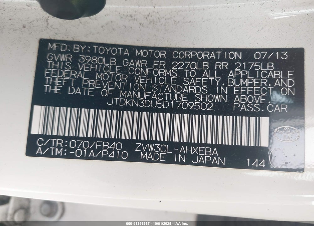 2013 TOYOTA PRIUS VIN: JTDKN3DU5D1709502