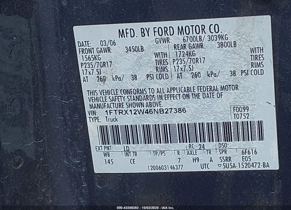 2006 FORD F-150 STX/XL/XLT VIN: 1FTRX12W46NB27386