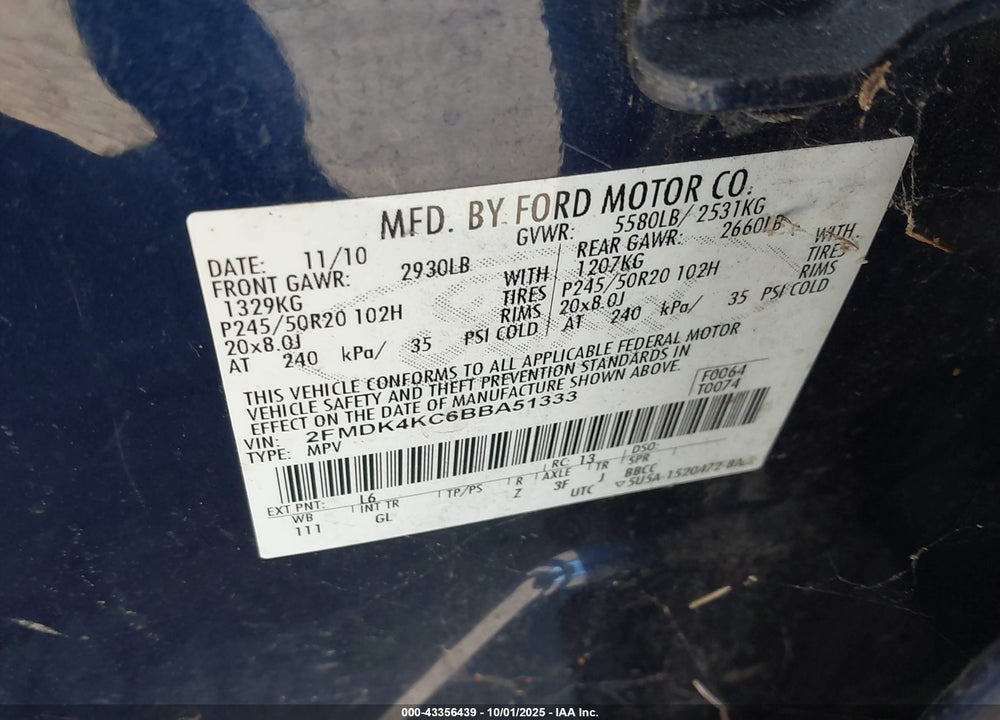 2011 FORD EDGE VIN: 2FMDK4KC6BBA51333