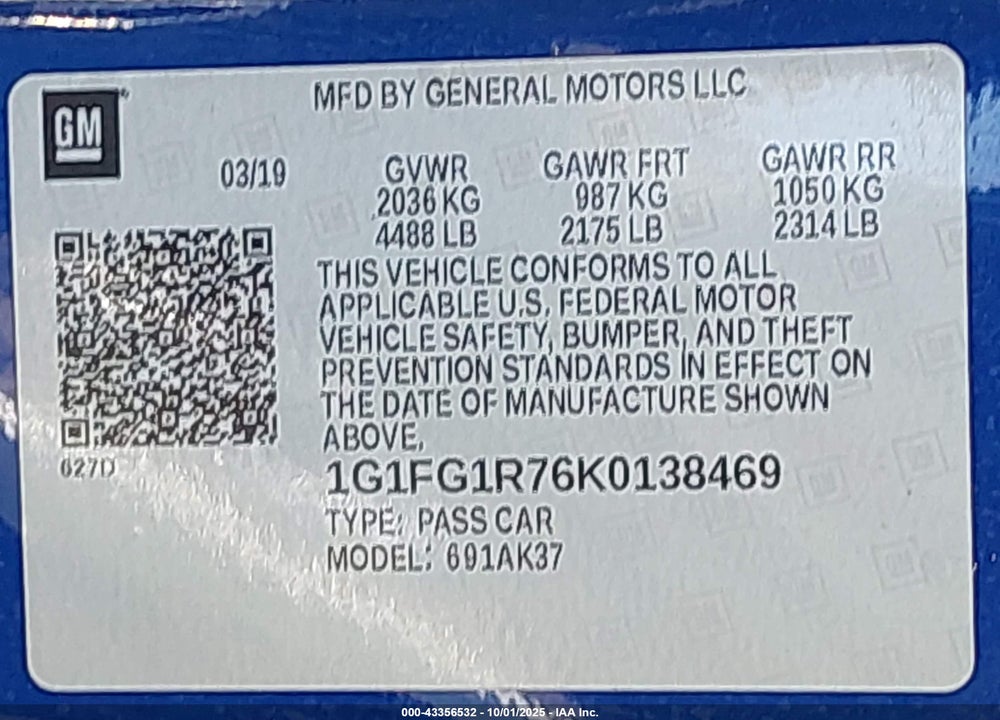 2019 CHEVROLET CAMARO 2SS VIN: 1G1FG1R76K0138469