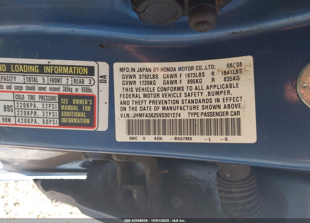 2009 HONDA CIVIC HYBRID VIN: JHMFA36259S001274