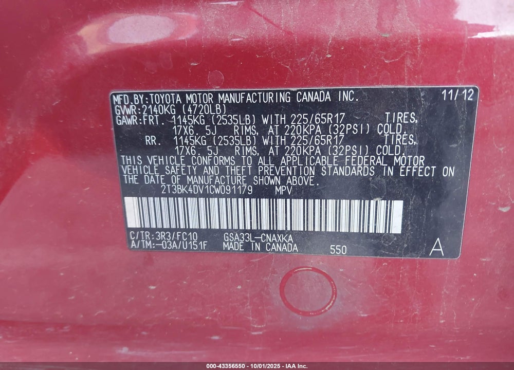 2012 TOYOTA RAV4 VIN: 2T3BK4DV1CW091179