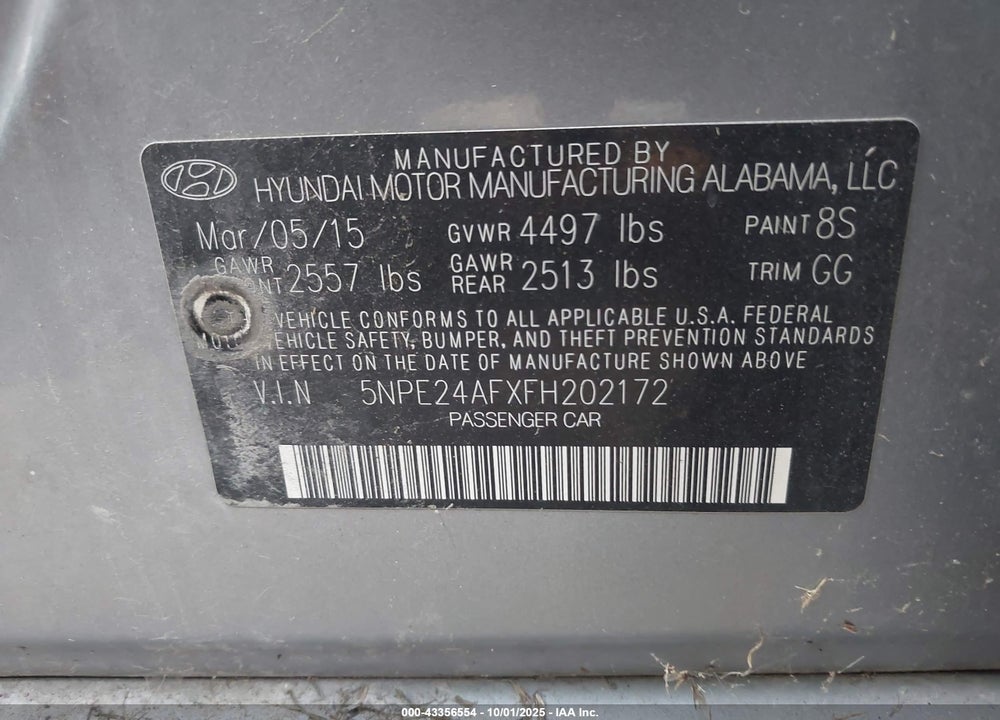 2015 HYUNDAI SONATA VIN: 5NPE24AFXFH202172